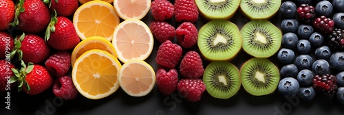 Delicious berry fusion. strawberry, raspberry, lemon, kiwi, and blueberry on black background
