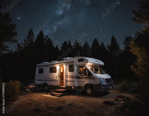 Cozy motorhome under the night sky, ready to embark on new adventures. Camper van, van life. 