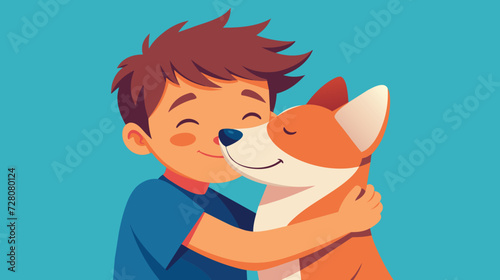 Boy Hugging Dog on Blue Background