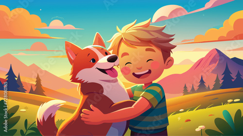 Joyful Boy Embracing His Dog in a Picturesque Mountainous Landscape at Sunset