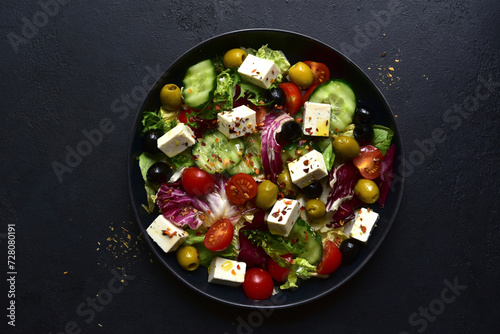 Fresh vegetable salad with feta cheese. Top view with copy space.