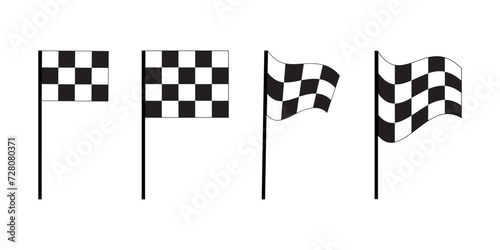 Different straight and flying race flags icons. Start or finish rally competition banners with checkered black and white pattern. Motocross, sport car, auto marathon signs