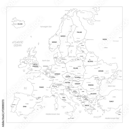 Political map of Europe. Blue colored vector map with capital and important cities of european countries and bodies of water around continent.