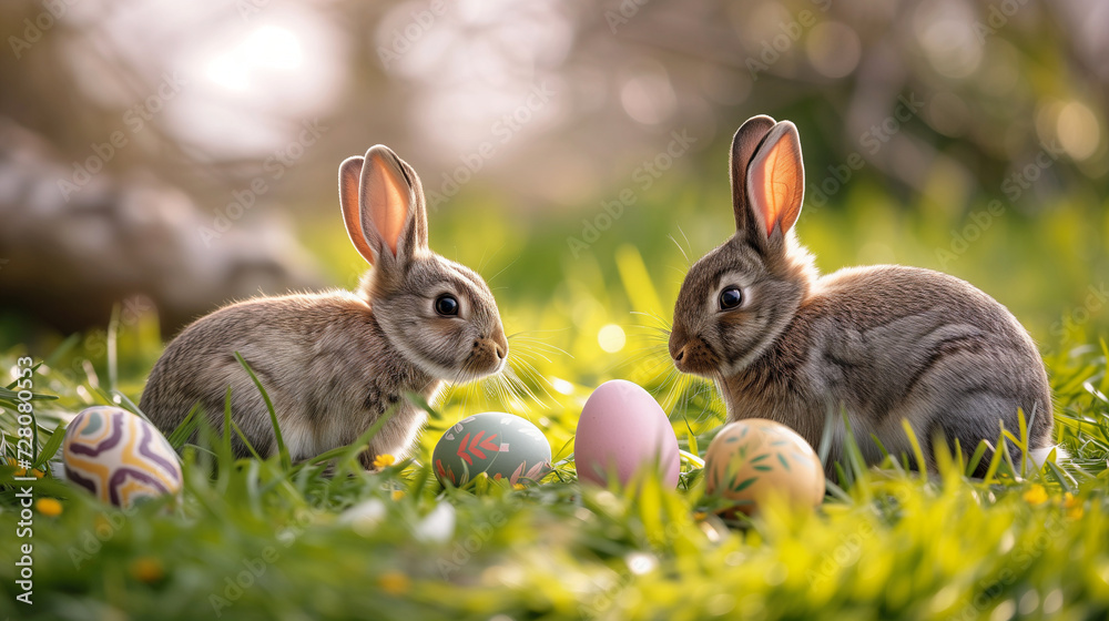 Easter bunnies in grassy field with decorated eggs. Painted eggs and cute bunnies. Symbolising peace, easter and nature.