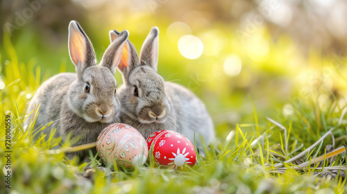 Easter bunnies in grassy field with decorated eggs. Painted eggs and cute bunnies. Symbolising peace, easter and nature.