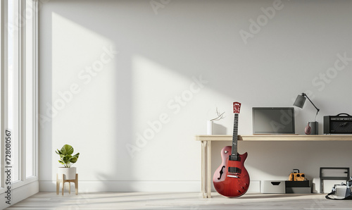 clean desk in room in rock style white wall, very close-up to desk section, next to desk is guitar, empty wall, orthogonally view on the wall, photorealistic, high resolution, interior design photo