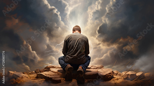 In a serene field, a prayer warrior kneels, connecting with divinity—a powerful moment of spiritual devotion and communion with the sacred. photo