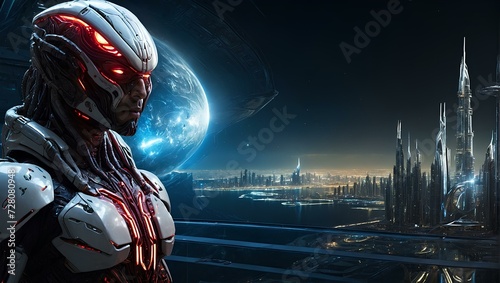 digital future city of Dubai behind him, of the Alien Warrior, a powerful and imposing space warrior with cybernetic armor of t (1)