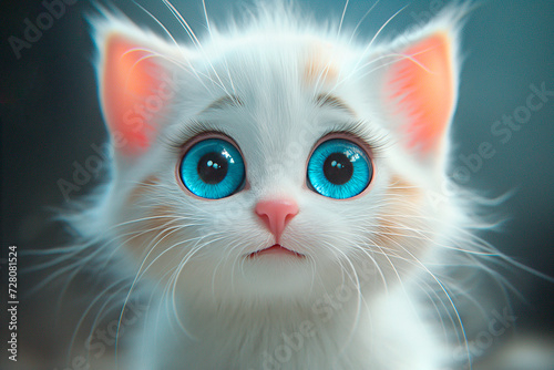 A small white kitten with big blue eyes looks surprised close-up. Emotions of shock, surprise and fright. Ai generative.