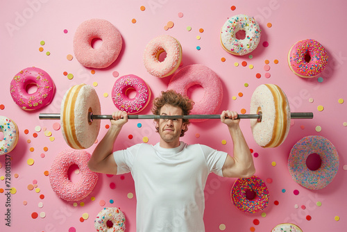 Man trying to lift a barbell made of big donuts. Dumbbell doughnut. Creative concept for a healthy lifestyle, Bad fitness nutrition, sport and bodybuilding. Weight training, wrong diet, funny food