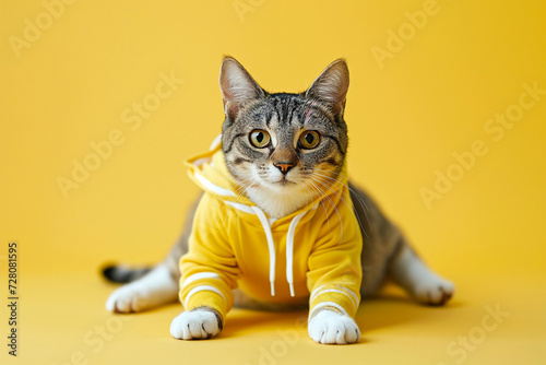 Stylish cat wearing hoodie stretching legs, doing yoga, exercising. Kitten dressed in sweater. Clothing for pets, humanoid cat, feline fashion. Cat in clothes like a human, copy space © Magryt