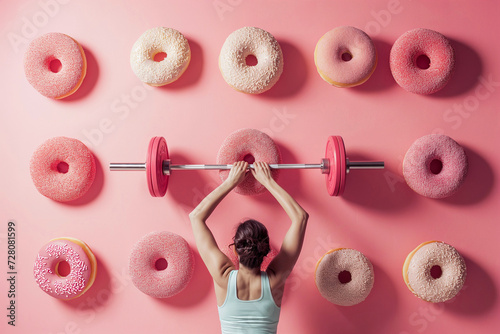 Woman trying to lift a barbell made of big donuts. Dumbbell doughnut. Creative concept for a healthy lifestyle, Bad fitness nutrition, sport and bodybuilding. Weight training, wrong diet, funny food