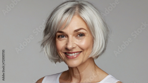 Natural beautiful happy middle aged woman with grey bob hairstyle. photo
