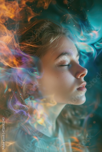 A girl or young woman with beautiful flawless glowing skin having astral experience in blurry smoke © Wendy2001