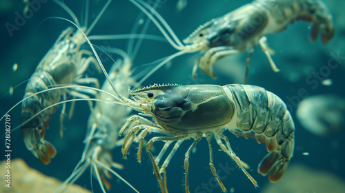 Krill crustacean in clean blue water, closeup