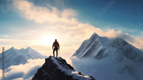 Hiker standing on the top of icy peak and looking at majestic view of wild unapproachable mountain range under snow. Adventure in nature concept. 