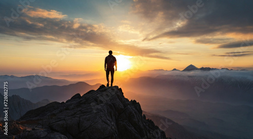 Hiker standing on the top of peak and looking at majestic sunset of wild unapproachable mountain range. Adventure in nature concept. 