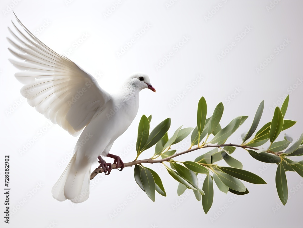 Fototapeta premium Dove Carrying an Olive Branch Peace and Harmony Isolated on White Background AI Generated
