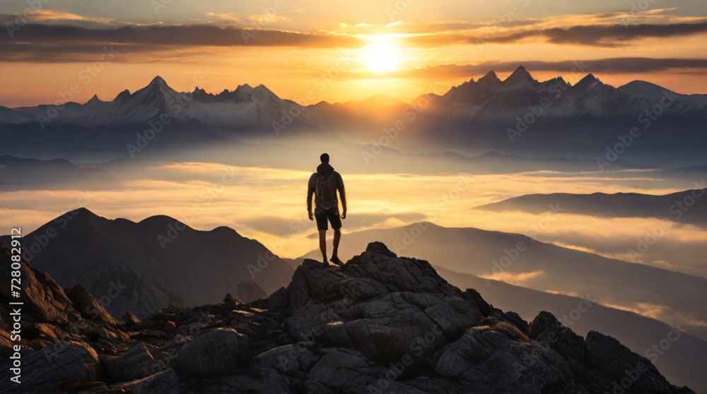 Hiker standing on the top of peak and looking at majestic sunset of wild unapproachable mountain range. Adventure in nature concept.	