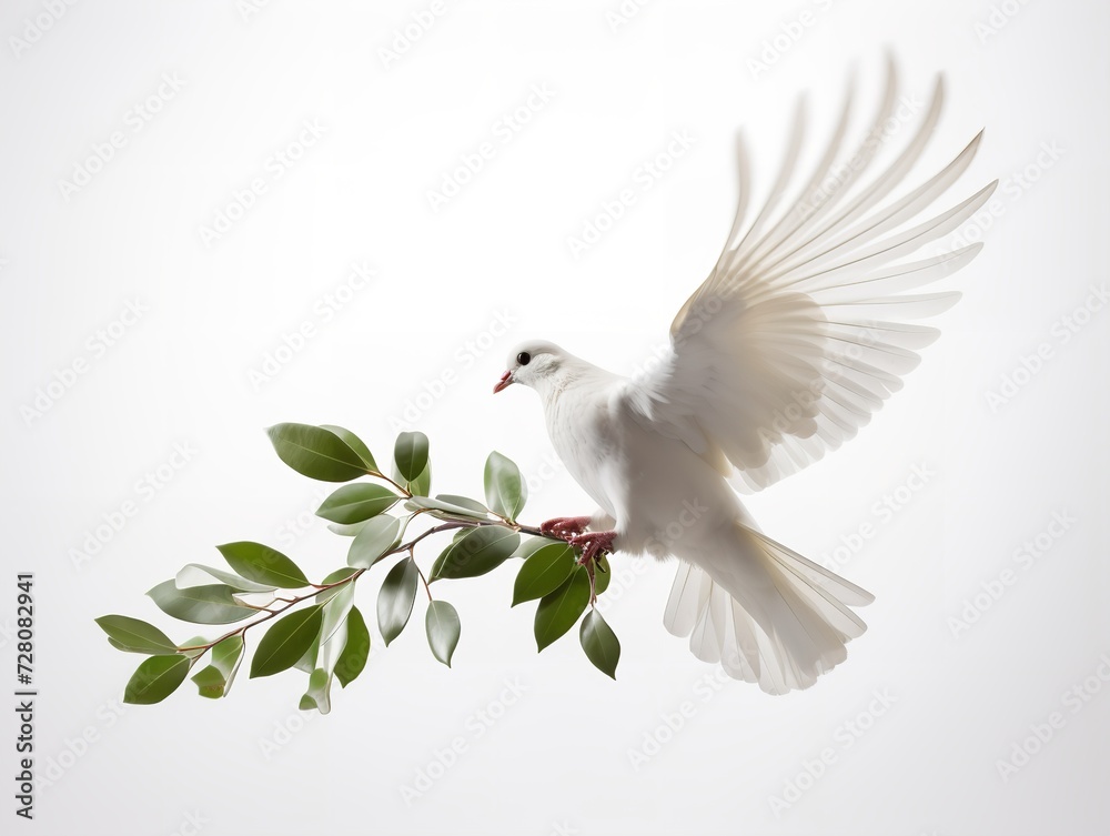 Obraz premium Dove Carrying an Olive Branch Peace and Harmony Isolated on White Background AI Generated