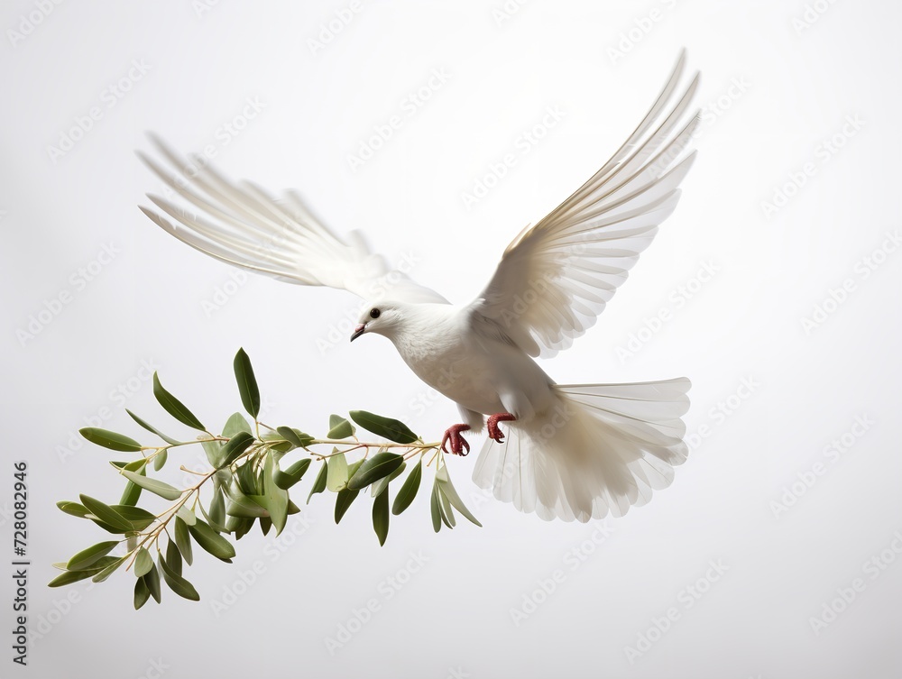 Fototapeta premium Dove Carrying an Olive Branch Peace and Harmony Isolated on White Background AI Generated