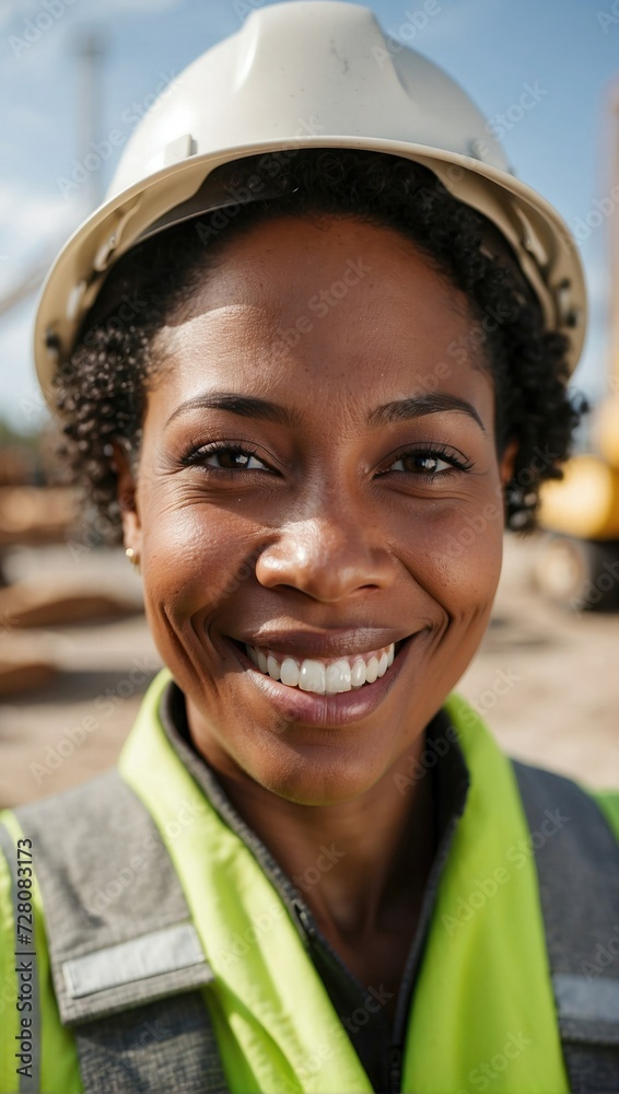 Smiling black woman wearing a safety helmet and vest on a construction site. Smiling black woman wearing a safety helmet and vest on a construction site.