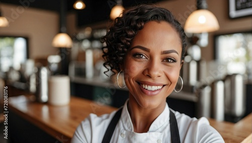 Black woman chef posing with a confident smile in a cafe setting.