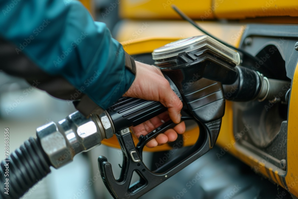 Farmer's hand with a fuel gun at a gas station. Background with selective focus and copy space Farmer's hand with a fuel gun at a gas station. Background with selective focus and copy space