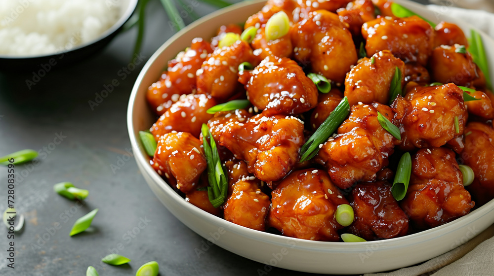An authentic Asian orange chicken dish cooked to perfection, garnished with vibrant green onions, serving as a delightful and flavorful meal. An authentic Asian orange chicken dish cooked to perfection, garnished with vibrant green onions, serving as a delightful and flavorful meal.