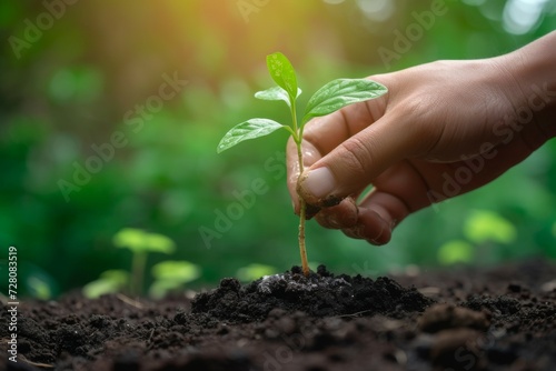 Seedling in the soil. Background with selective focus and copy space