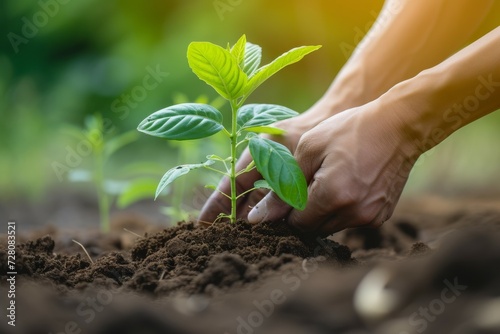 Close-up hands planting a seedling in the soil. Background with selective focus and copy space