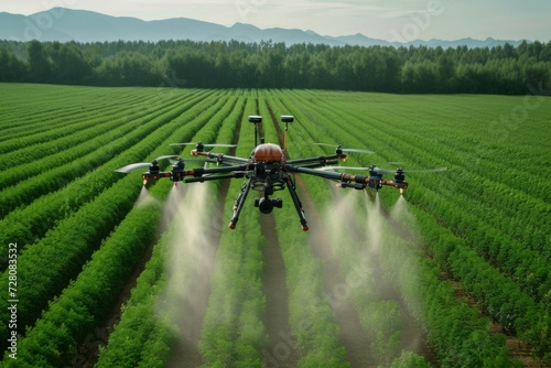 A modern drone irrigates a field on a farm with fertilizer. Background with selective focus and copy space