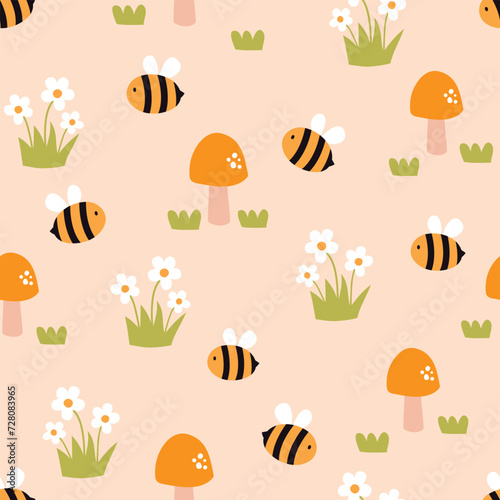 Cute bee seamless pattern. Background for baby with mushrooms, bees and daisies. Vector illustration. It can be used for wallpapers, wrapping, cards, patterns for clothes and other.