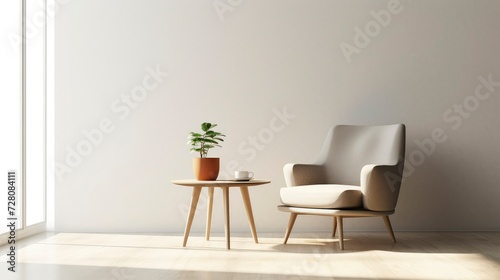 Minimalist living room interior with chair and table. Copy space. Space for text