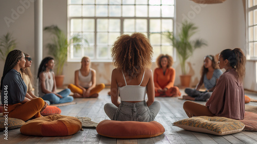 A serene image of women sitting in a yoga circle on cushions in a bright studio, capturing the essence of mindfulness.
