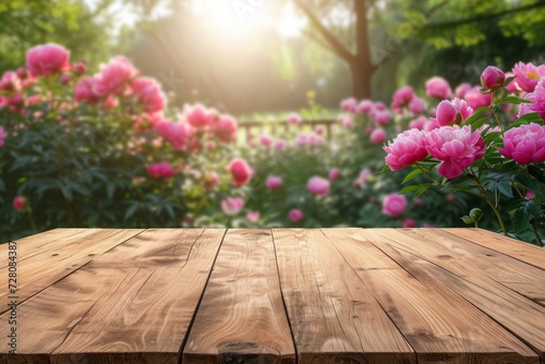 an empty boardwalk outside against the background of peonies in the garden. the display of your product.