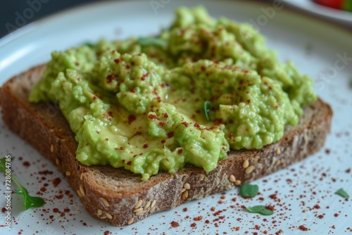 bread with mashed avocado and spices on a plate. food, vegetable sandwich.