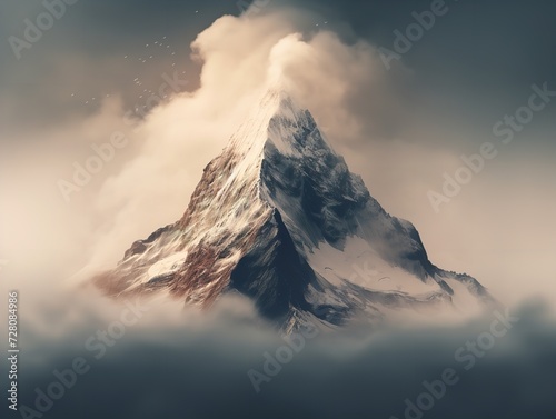 Mountain Peak Piercing Clouds Aspiration and Achievement Isolated on White Background AI Generated