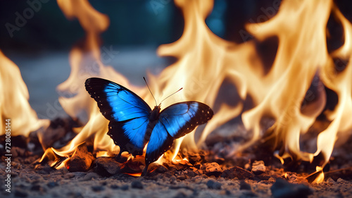 butterfly flying towards the fire. colorful morpho butterfly and flames photo