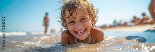 lovely little girl enjoying in the sand on the beach on sunny summer day. Holidays concept. Generative AI