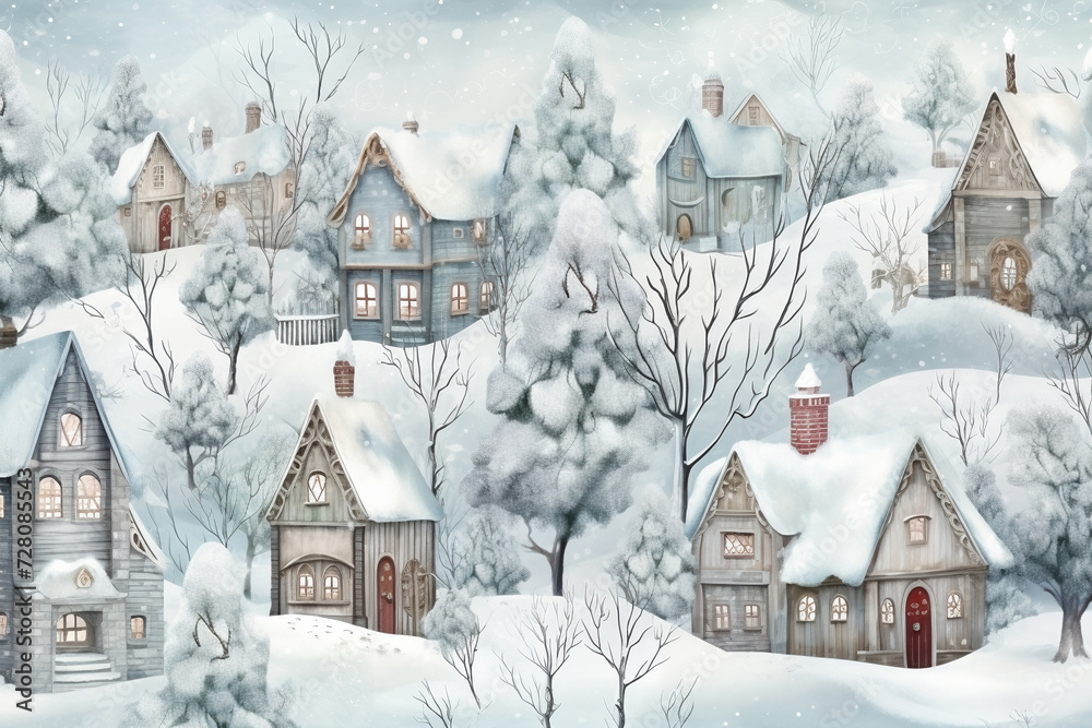 Christmas seamless pattern with winter houses