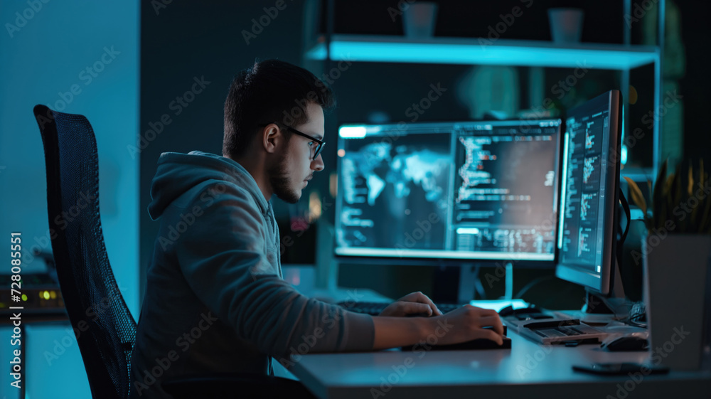 A guy programmer working with computer at his desk in cyber space glow in front of screen with the program code in blue colors
