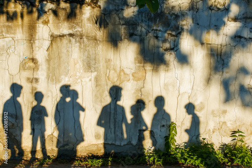 Shadows of refugees on the wall. Backdrop with selective focus and copy space © Space Priest