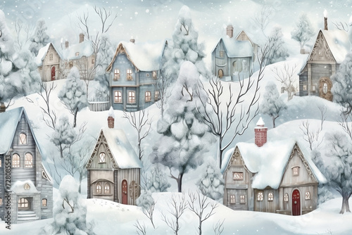 Christmas seamless pattern with winter houses © Riva