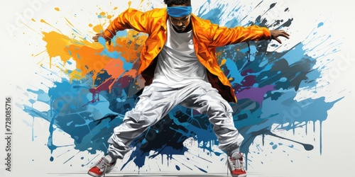 Colorful illustration of a dancer in splashes of paint pop art. Dancing, breakdancing art, colorful graffiti, drawing. Dance school concept art, sports dancing, banner, advertising.