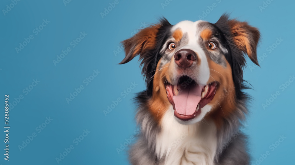 Advertising portrait, banner, beautiful colored australian shepherd looking straight to the camera, isolated on blue background
