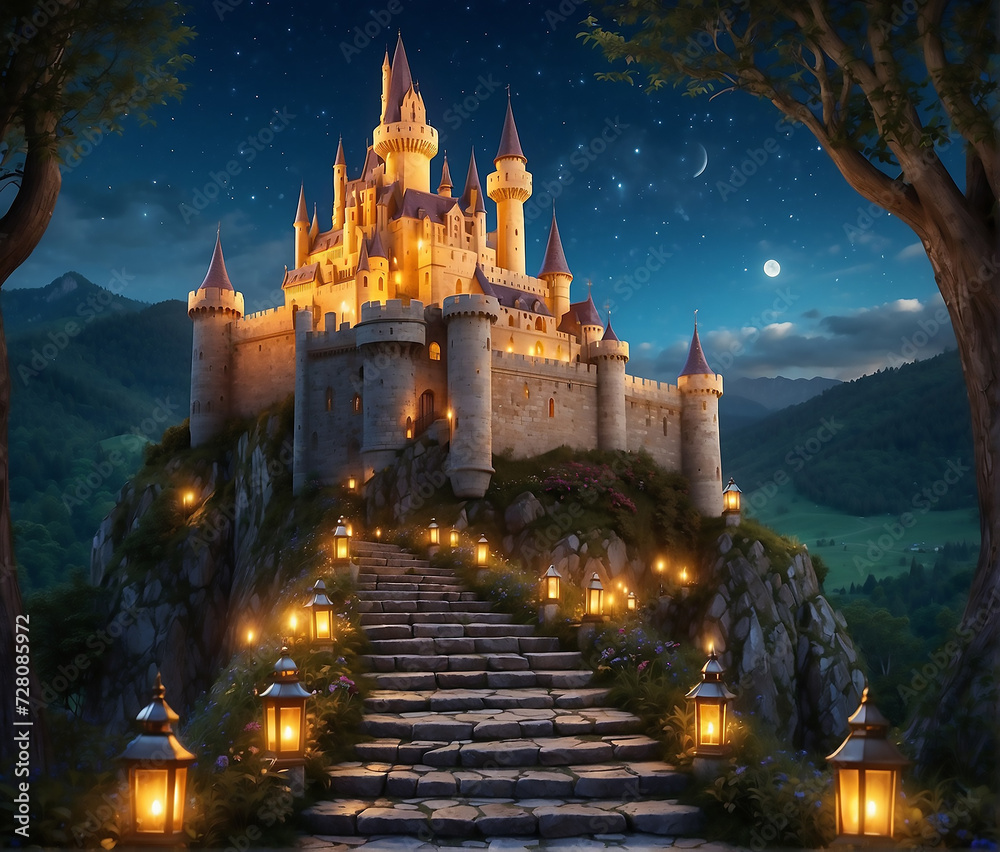 Fototapeta premium A majestic and enchanted castle perched on a hill, surrounded by magical elements like floating lanterns or mystical creatures, magical fantasy castle illustration