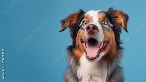 Advertising portrait  banner  beautiful colored australian shepherd looking straight to the camera  isolated on blue background