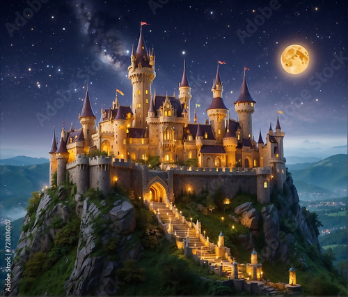  A majestic and enchanted castle perched on a hill, surrounded by magical elements like floating lanterns or mystical creatures, magical fantasy castle illustration