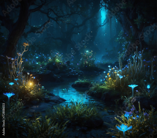 A fantasy world illuminated by bioluminescent plants, creatures, and magical landscapes. Colorful bioluminescence plants in the forest, crystals and glowing path, fireflies